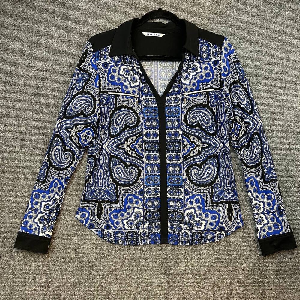 Nygard Women’s Blue Paisley Button Front Blouse Shirt Black Trim